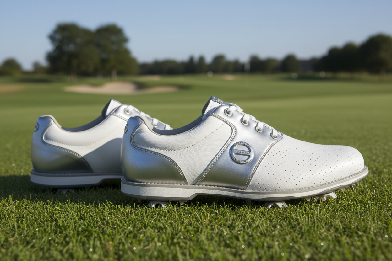 Sapatos de golfe num fairway 