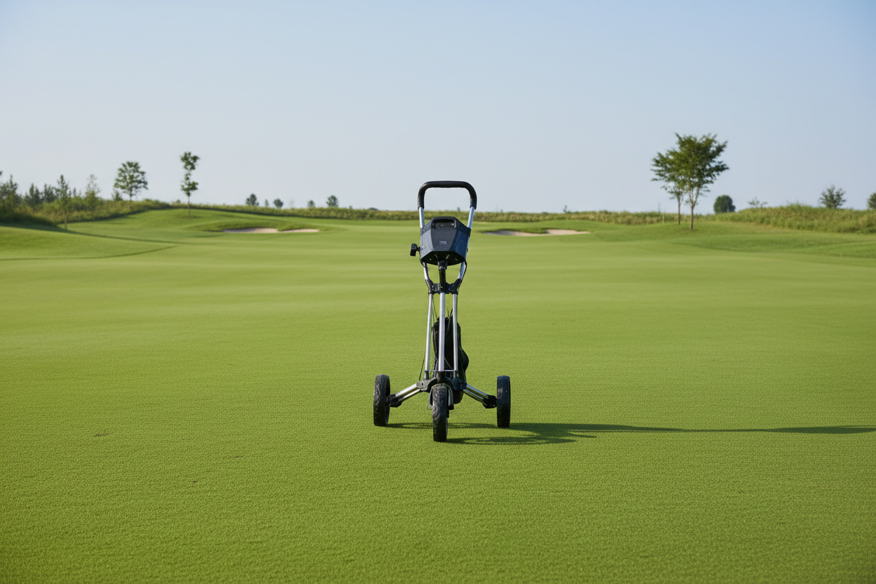 Sem os tacos de golfe e sem acessórios. Apenas o trolley. E o fairway sem marcas